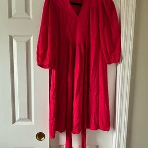 Boden Red Sundress with Bishop Sleeves and V-Neck for Wedding Guest
